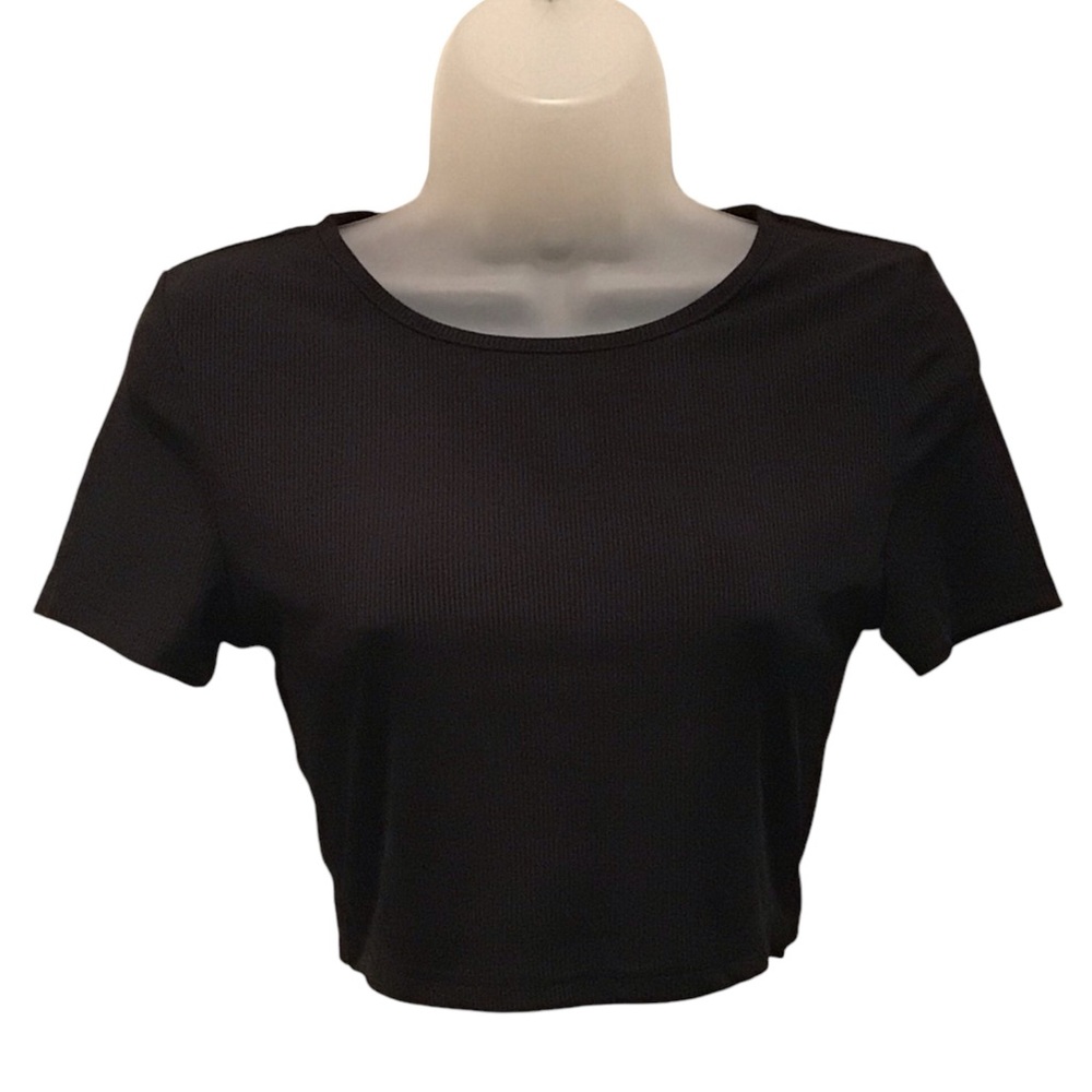 SHEIN Women’s Black Crop Top Short Sleeve Round Neck Shirt Casual Party Sz Med